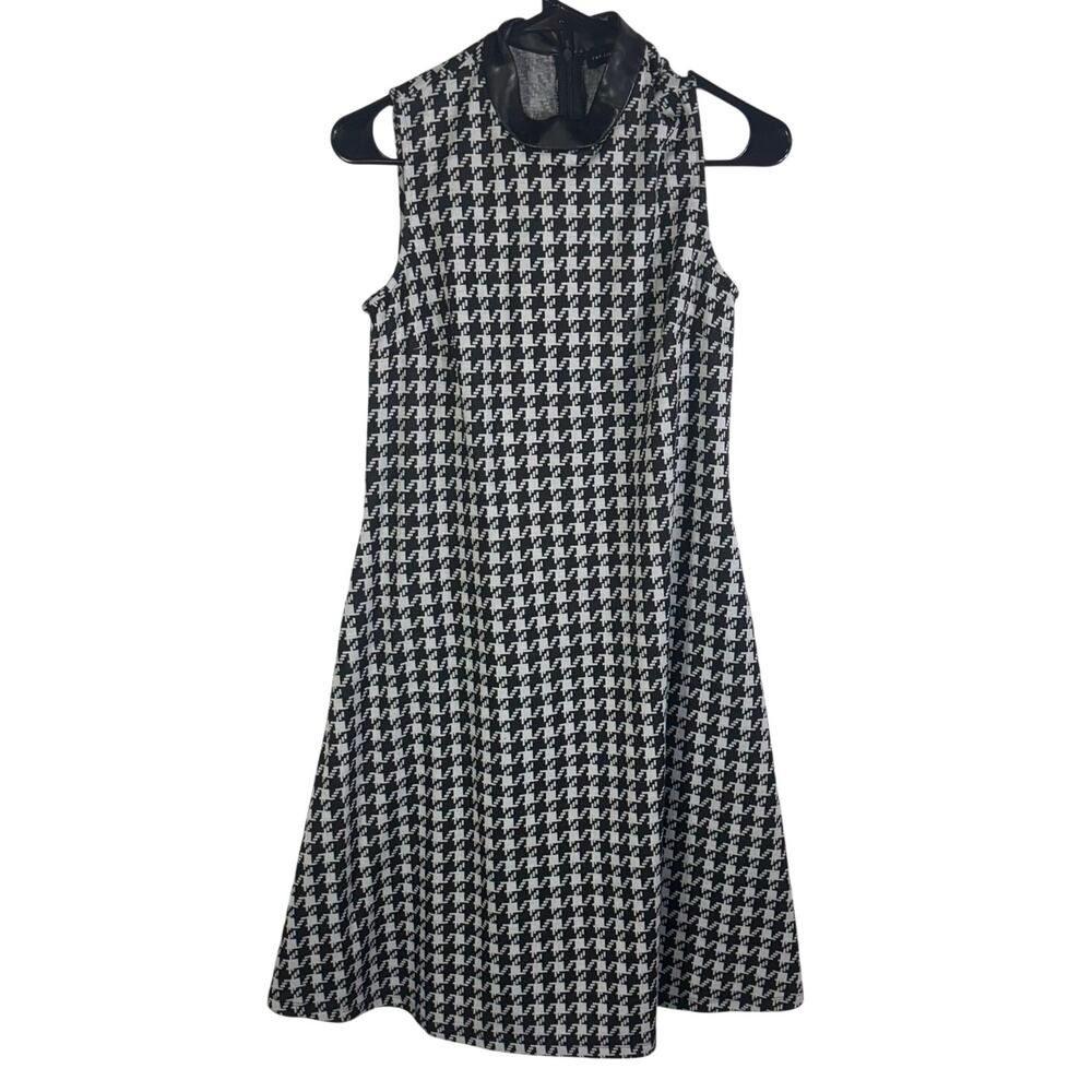 The Limited Womens S Houndstooth Fit Flare Dress Faux Leather Collar Black White